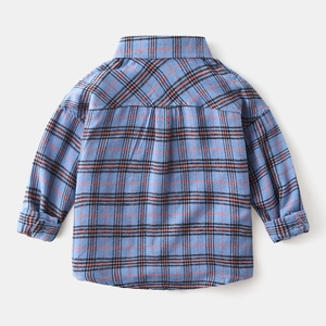 Children's blue and orange plaid cotton shirt featuring long sleeves and curved hem