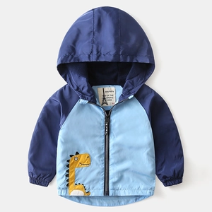 Boy's navy blue dinosaur hooded windbreaker with contrast colors and fleece lining