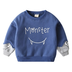 Blue kids sweatshirt with monster graphic print and gray layered-look sleeves