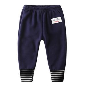 Kids navy blue thick warm pants with striped ribbed cuffs and elastic waist for autumn