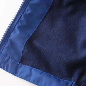 Thick hooded winter jacket for boys featuring blue windproof fabric and warm fleece lining
