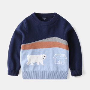 Kids long sleeve knit sweater featuring polar bear jacquard and color block design