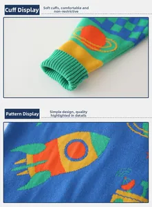 Detail of ribbed cuffs and vibrant space theme knit patterns on kids sweater