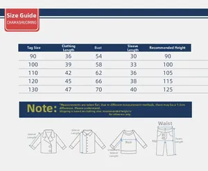 Detailed size chart for boys turtleneck top showing length and chest measurements for 90-130cm