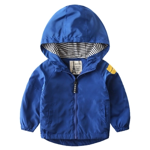 Royal blue hooded thick jacket for boys featuring windproof fabric and striped lining