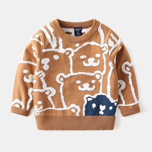 Toddler boys' thick brown knit sweater with cartoon bear jacquard pattern and ribbed cuffs