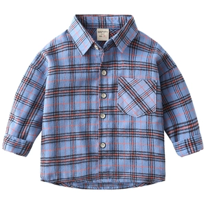 Blue plaid long-sleeve cotton shirt for boys with classic collar and front pocket