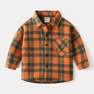 Chemise à manches longues classique en coton à carreaux orange et vert foncé pour garçons