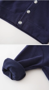 Détails du cardigan en maille bleu foncé avec boutons métalliques et poignets côtelés