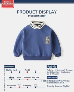 Detail of blue boy sweater featuring striped high collar and 1979 fashion patch