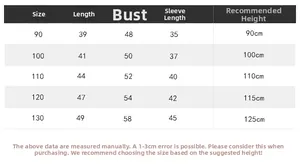 Detailed size chart for kids turtleneck sweater showing length, bust, and sleeve measures