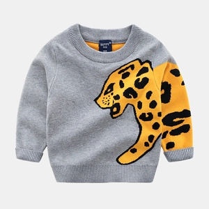 Detail of grey kids sweater with yellow leopard jacquard and ribbed round neckline