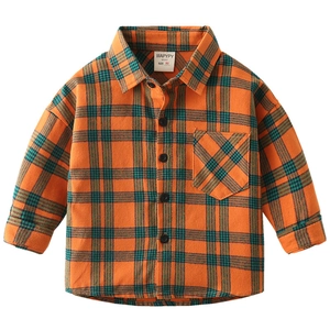 Chemise à carreaux décontractée à manches longues pour garçons en coton orange et vert