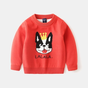 Close-up of red knit sweater featuring a French bulldog cartoon with a crown and ribbed collar