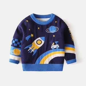 Navy blue boys sweater with space rocket knit patterns for autumn and winter season
