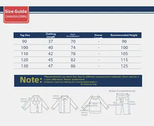 Tableau des tailles détaillé pour vestes d'hiver garçon avec mesures de longueur et buste