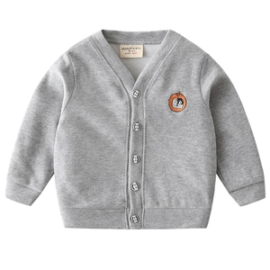 Cardigan classique en maille gris clair pour enfants avec broderie hibou et col en V