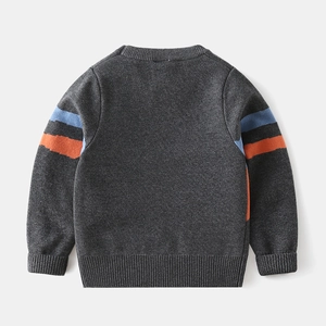 Detail view of boys gray knit sweater featuring vibrant blue and orange sleeve stripes