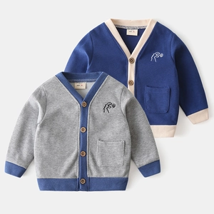 Kids Casual Knit Cardigan V-Neck Dinosaur Embroidered Sweater For Toddler Boys Girls Contrast Trim Button Front Top