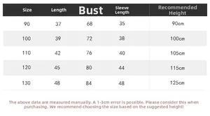 Detailed size chart for children hooded jacket from height 90cm to 130cm with measurements