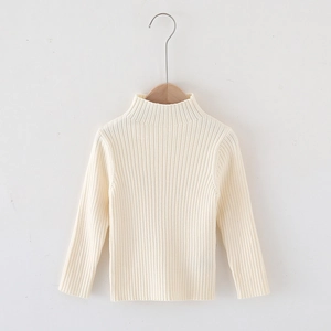 Kids warm off-white turtleneck ribbed knit sweater with long sleeves on wooden hanger