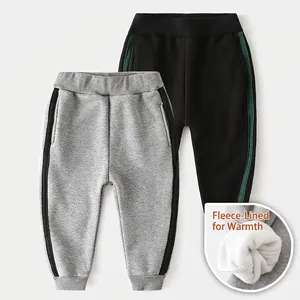 Boys Fleece Lined Sweatpants Thickened Cotton Blend Casual Joggers With Side Stripe Winter Warm Pants For Toddler Kids