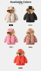 Kids hooded winter coats with bear ears showing five color options and fleece lining