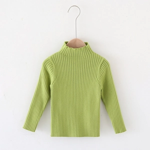 Grass green kids high neck ribbed knit sweater with elegant wood ear edge detail