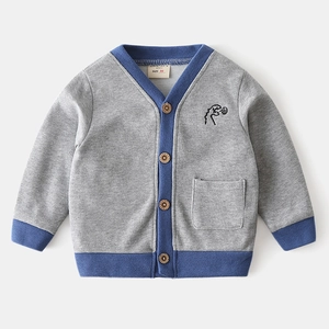 Kids grey knitted cardigan with blue trim, wooden buttons and dinosaur embroidery