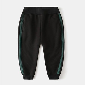 Kids fleece lined jogger pants in black with green side stripes and elastic waist