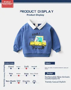 Detail of blue kids sweatshirt showing fabric mix of 95% cotton and cartoon dinosaur print