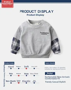 Detail of grey boy hoodie with blue plaid patchwork sleeves and fabric specifications