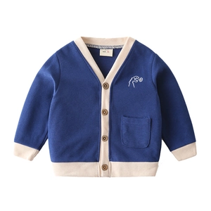 Kids navy blue knit cardigan sweater with V-neck, dinosaur embroidery and wood buttons