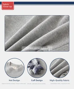 Detail view of grey knit cotton fabric texture with ribbed neckline and sleeve cuffs