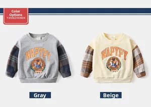 Detail of children's crewneck sweatshirts with plaid raglan sleeves and bear prints