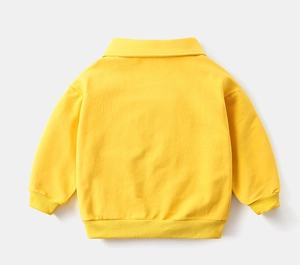 Back view of a vibrant yellow toddler sweatshirt featuring a classic polo collar and ribbed cuffs
