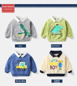 Detailed color display of four cartoon polo sweatshirts for boys in various patterns