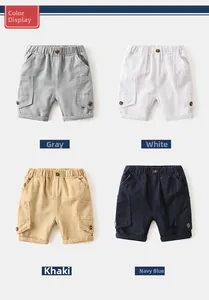 Detail showing kids cargo shorts in four colors: grey, white, khaki, and navy blue