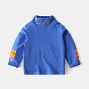 Blue high-neck long-sleeve kids T-shirt with orange collar embroidery and sleeve patches