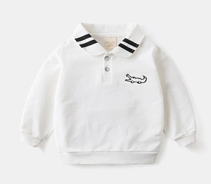 Detail of white cotton polo sweatshirt showing ribbed collar with striped trim and buttons