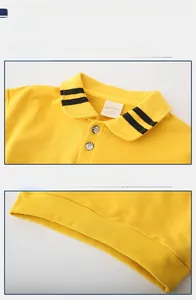 Detail view of yellow cotton polo shirt with striped collar and star pattern buttons