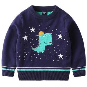 Kids navy blue knit sweater with cartoon dinosaur and stars pattern, ribbed cuffs
