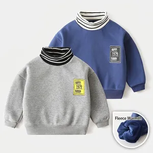 Boys Thick Fleece Lined Turtleneck Sweatshirt Cotton Blend Stripe Neck Pullover Korean Style Casual Winter Kids Warm Top