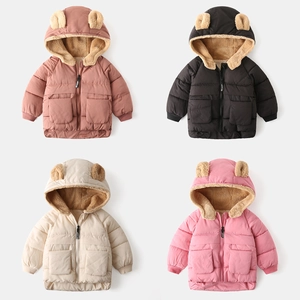 Kids Winter Padded Jacket Thickened Fleece Lined Hooded Coat With Bear Ears Warm Zip Up Outwear For Boys Girls