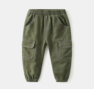 Detail of olive green kids cargo pants with white contrast stitching and large side pockets