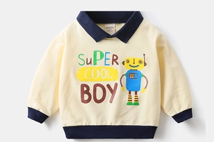 Detail of soft yellow kids sweatshirt with blue ribbed collar and robot cartoon print