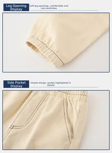 Close-up of beige cargo pants featuring elastic cuffs and detailed side pockets