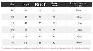 Detailed size chart for boys' sweatshirt showing length, chest, and sleeve measurements