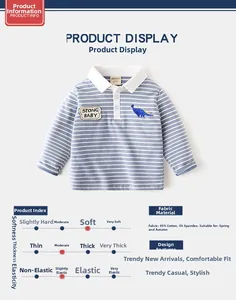 Detail of striped cotton kids polo shirt showing 95% cotton fabric and dinosaur patch
