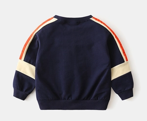 Detail view of boys long sleeve sweatshirt featuring color-block sleeves and ribbed cuffs